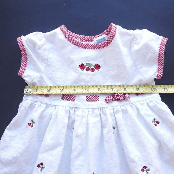 Little Me Linen Cotton Dress Sz 12m White Red Embroidered Cherries Gingham Trim - Picture 5 of 9